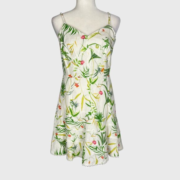 A Loves A Womens Floral Linen Blend Mini Dress Green Cream Sleeveless size 4 - Picture 1 of 13